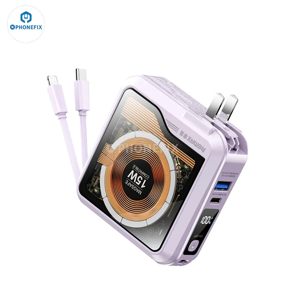 Remax magnetic wireless fast charging portable power bank for phones with USB charging, featuring a sleek design.