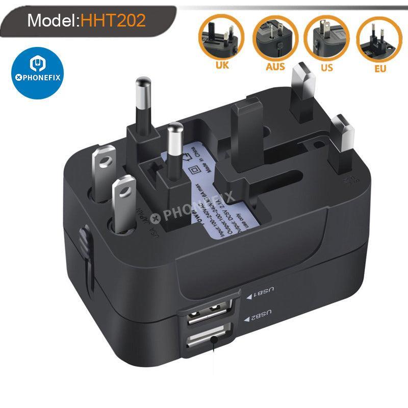 PHONEFIX universal dual USB travel adapter for phones, compact conversion plug charger with two USB ports for global use.
