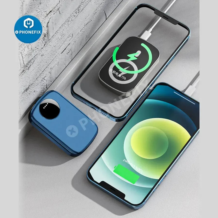 PHONEFIX MagSafe power bank for iPhone 12-14 Pro Max, external battery pack with wireless charging and USB port.