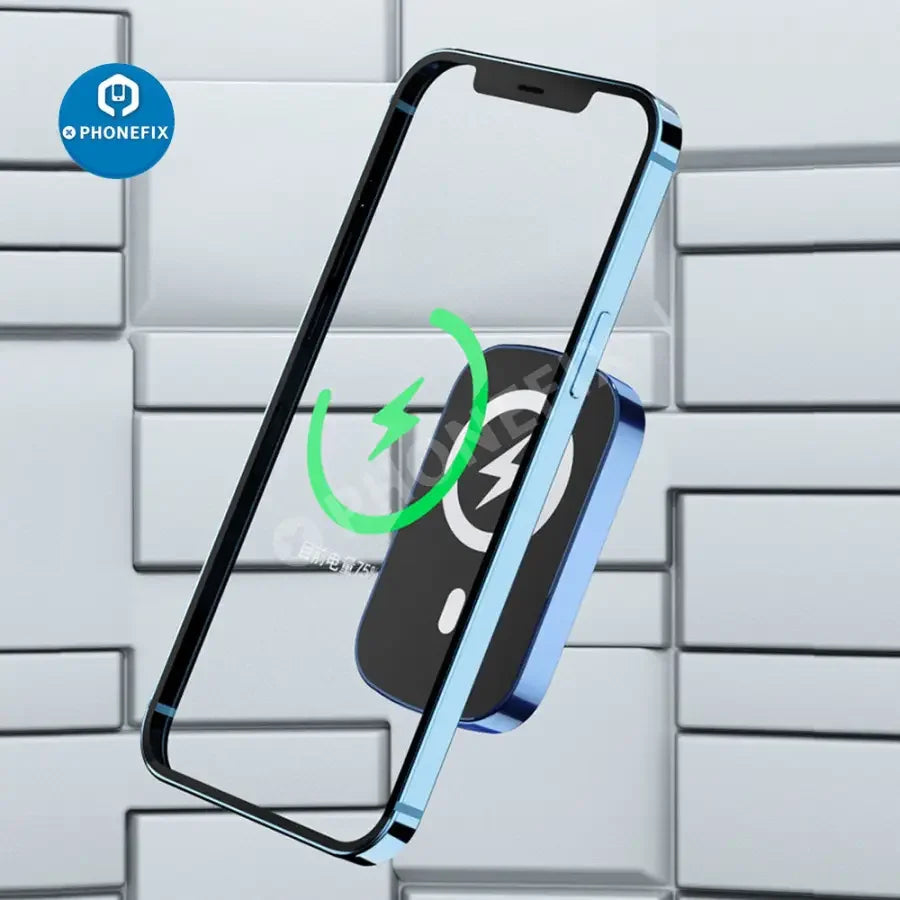 PhoneFIX MagSafe power bank external battery pack for iPhone 12, 13, 14 Pro Max, showing its magnetic design and USB charging port.