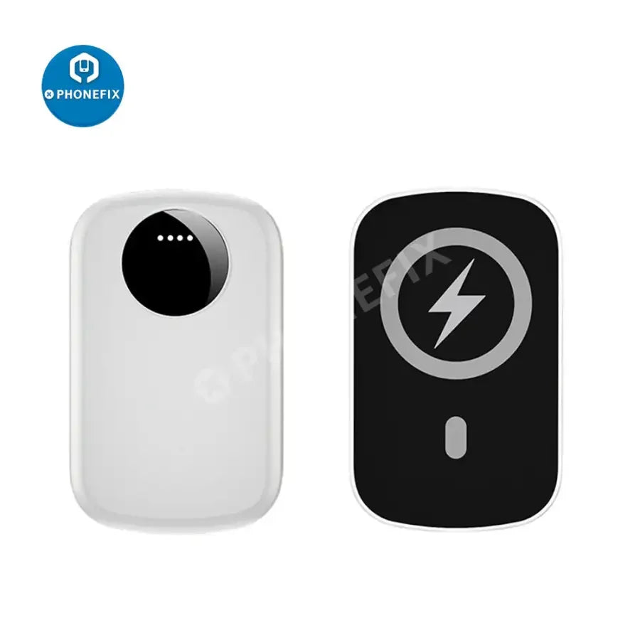 PhoneFIX MagSafe power bank for iPhone 12-14 Pro Max, external USB charging battery pack, compact and portable design.