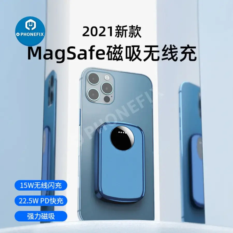 PHONEFIX MagSafe power bank for iPhone 12-14 Pro Max, external battery pack with USB charging for portable power.