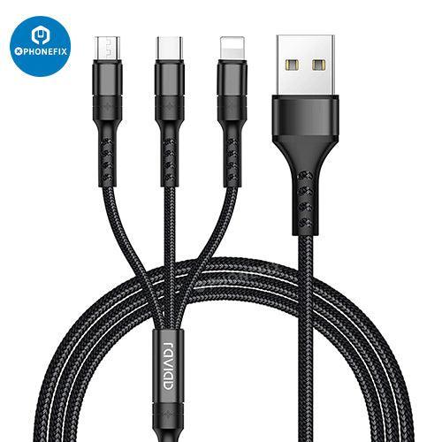 PHONEFIX 3-in-1 Apple Lightning, Type-C, Micro USB phone and tablet charging cable showing multiple connectors.