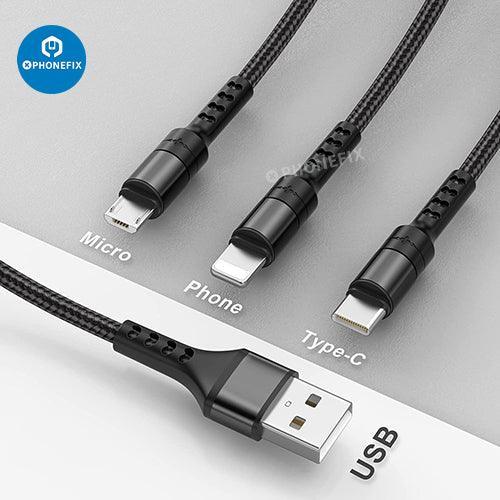 PHONEFIX 3-in-1 Apple Lightning, Type-C, Micro USB phone and tablet charging cable showing multiple connector types.