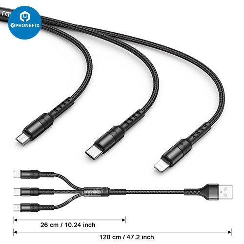 PHONEFIX 3-in-1 Apple Lightning, Type-C, Micro USB phone and tablet charging cable with multiple connectors for versatile device charging