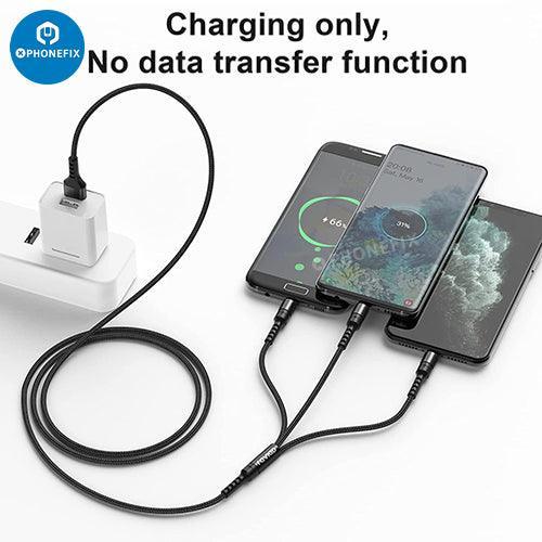 PHONEFIX 3-in-1 Apple Lightning, Type-C, Micro USB phone and tablet charging cable showing multiple connectors in a close-up shot.
