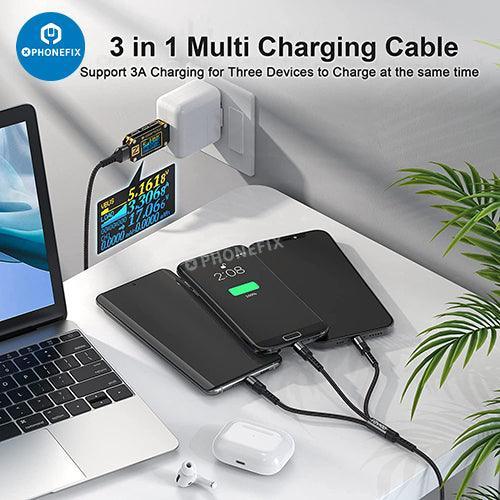 PHONEFIX 3-in-1 Apple Lightning, Type-C, Micro USB phone and tablet charging cable showing multiple connector tips.
