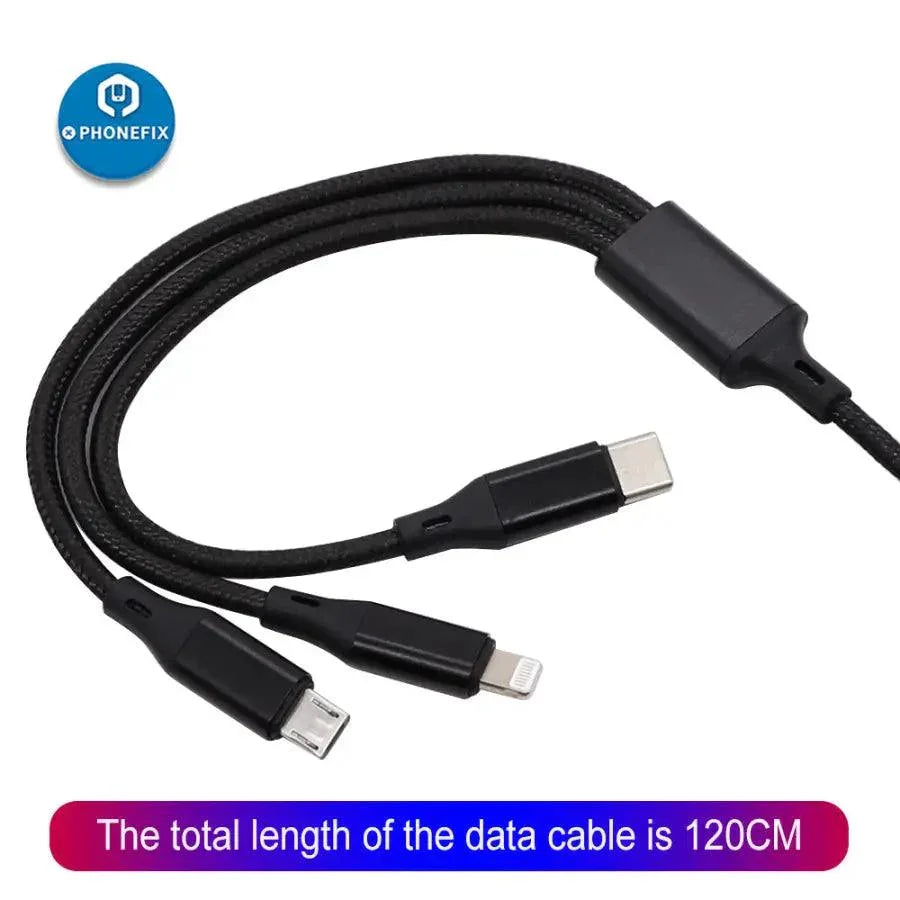 PHONEFIX 3-in-1 USB Micro Type-C charging cable with nylon braiding and metal connectors for phone data sync and charging.