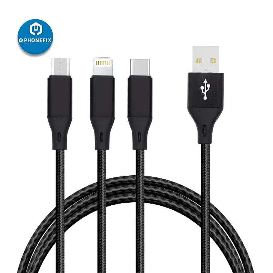 PhoneFIX 3-in-1 USB Micro Type-C charging cable with nylon and metal construction for data sync and charging on smartphones.