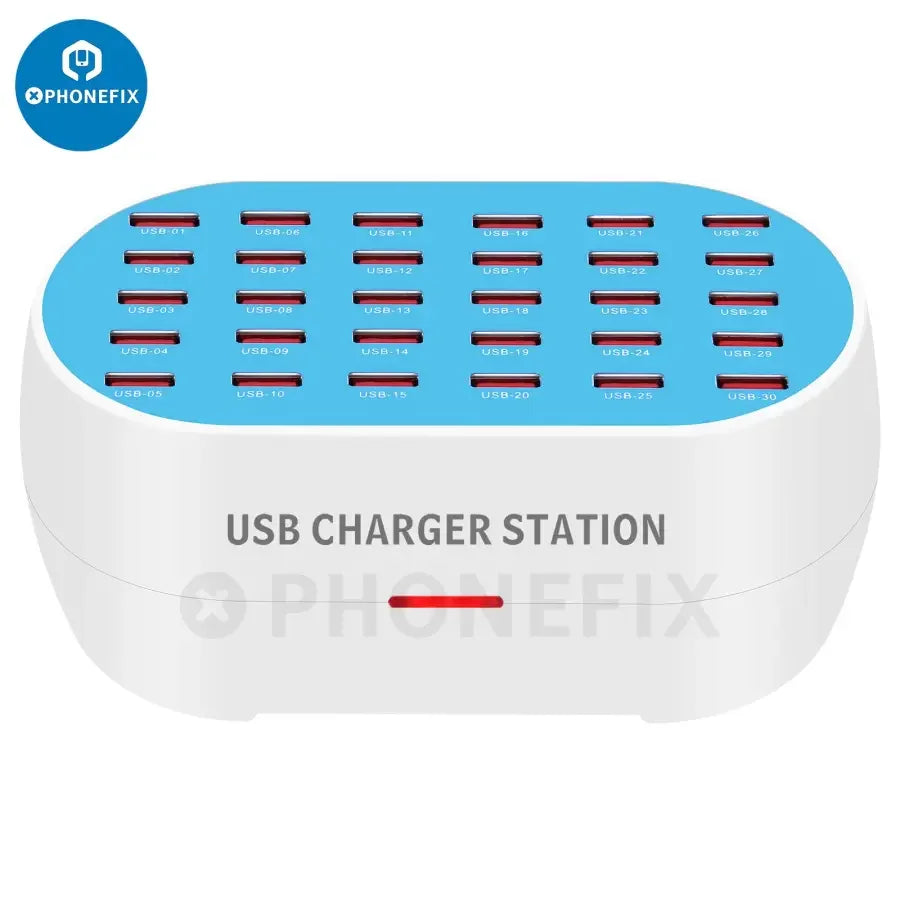 PHONEFIX 30-port USB charging hub with multiport dock station, 160W power, designed for phone and device charging.