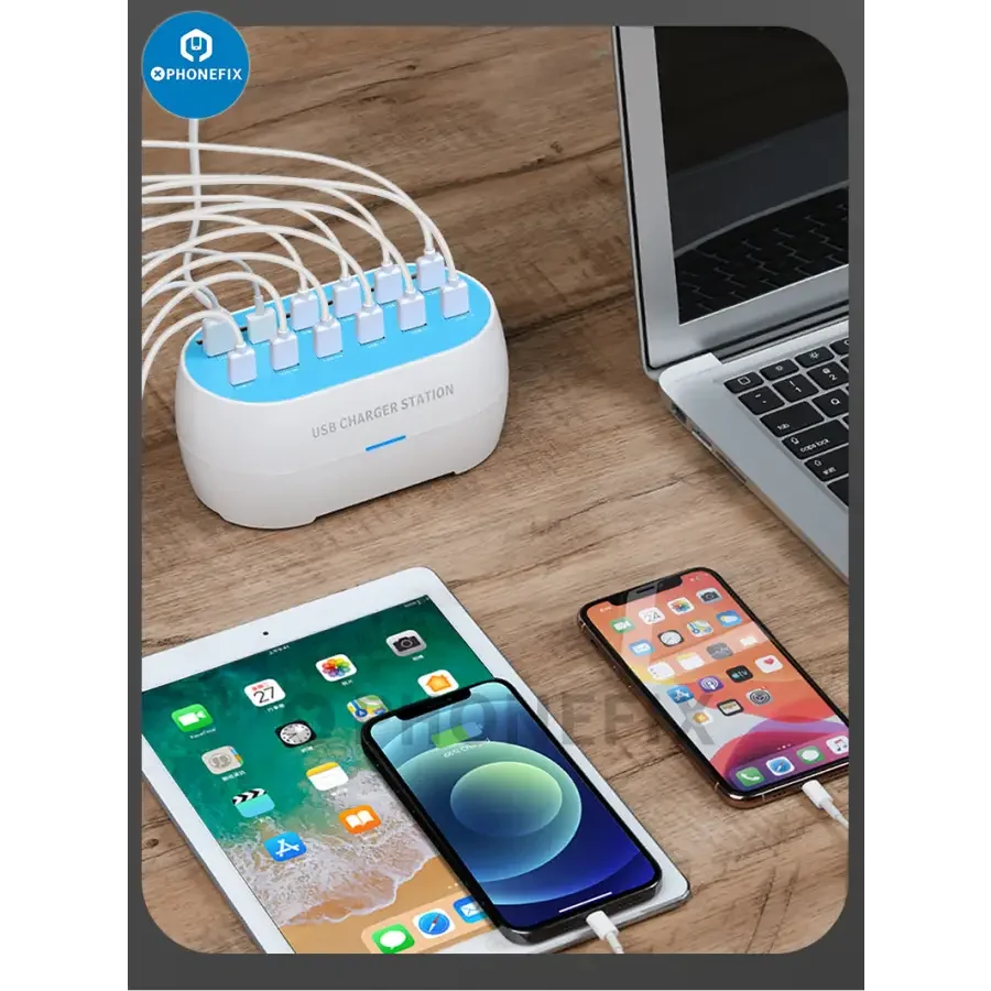 PHONEFIX 30-port USB charging hub with multiport station and 160W power for phone and device charging.