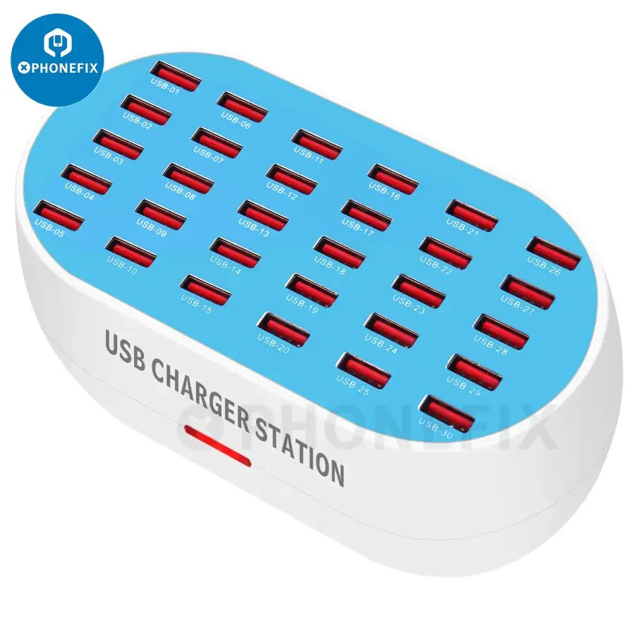 PHONEFIX 30-port USB charging hub with 160W power, multiport data and charging dock for phones and devices.
