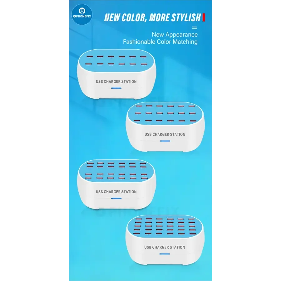 PHONEFIX 30-port USB charging hub with multiple ports and 160W power, designed for efficient phone and device charging.