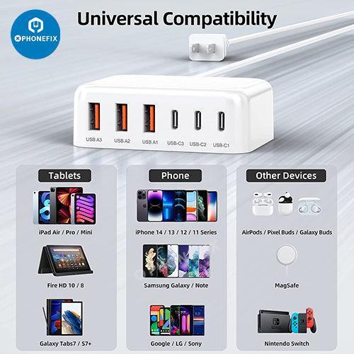 PHONEFIX 6-in-1 USB-C fast charging station with multiple ports for phones and tablets, compact multiport phone USB charger.