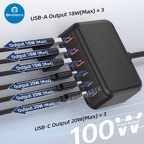 PHONEFIX 6-in-1 USB-C fast charging station with multiple ports for phones and tablets, compact multiport USB-C charger.