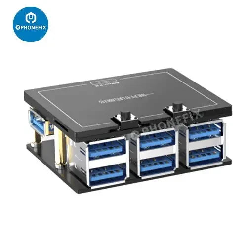 Aixun P2408S PhoneFix USB charging dock station for iPhone with one-key boot-up and battery indicator, connected to a smartphone.