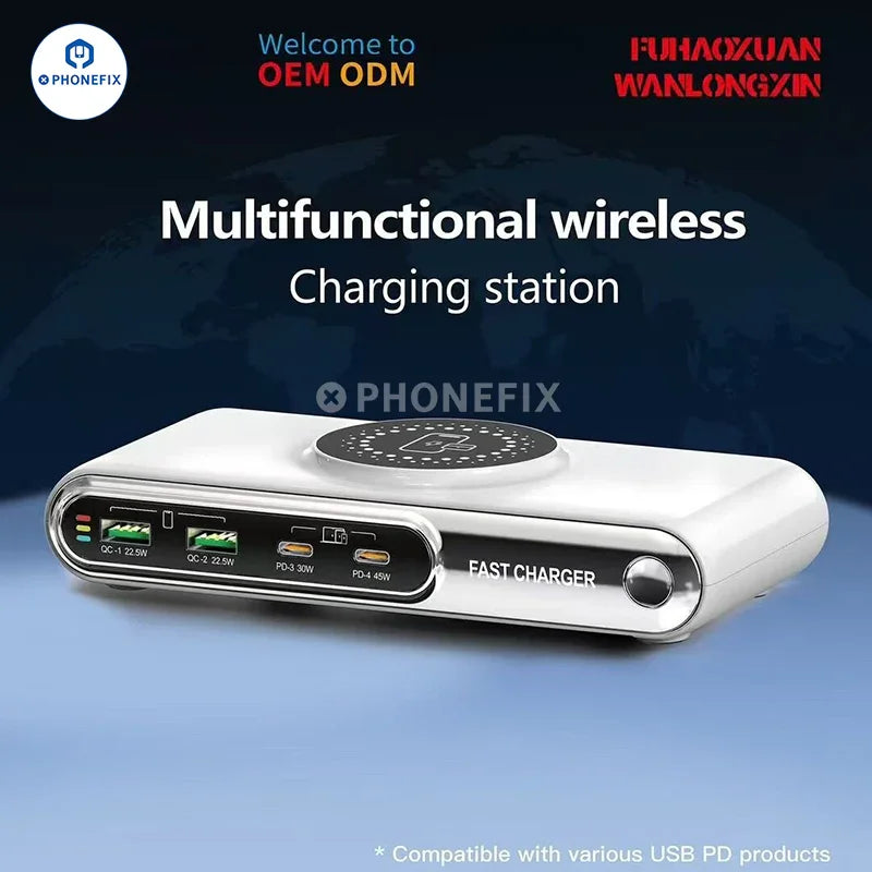 PHONEFIX multifunctional wireless charging station with USB fast charger and multiple ports for phone charging, shown on a desk.