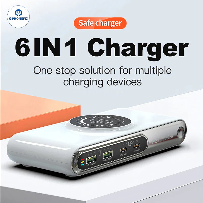 PHONEFIX multifunctional wireless charging station with USB fast charger and multiple ports for phone charging.