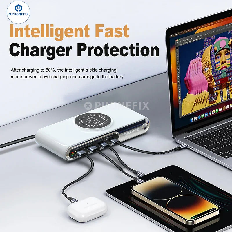 PHONEFIX wireless charging station with USB fast charger for phones, featuring multiple charging ports and sleek design.
