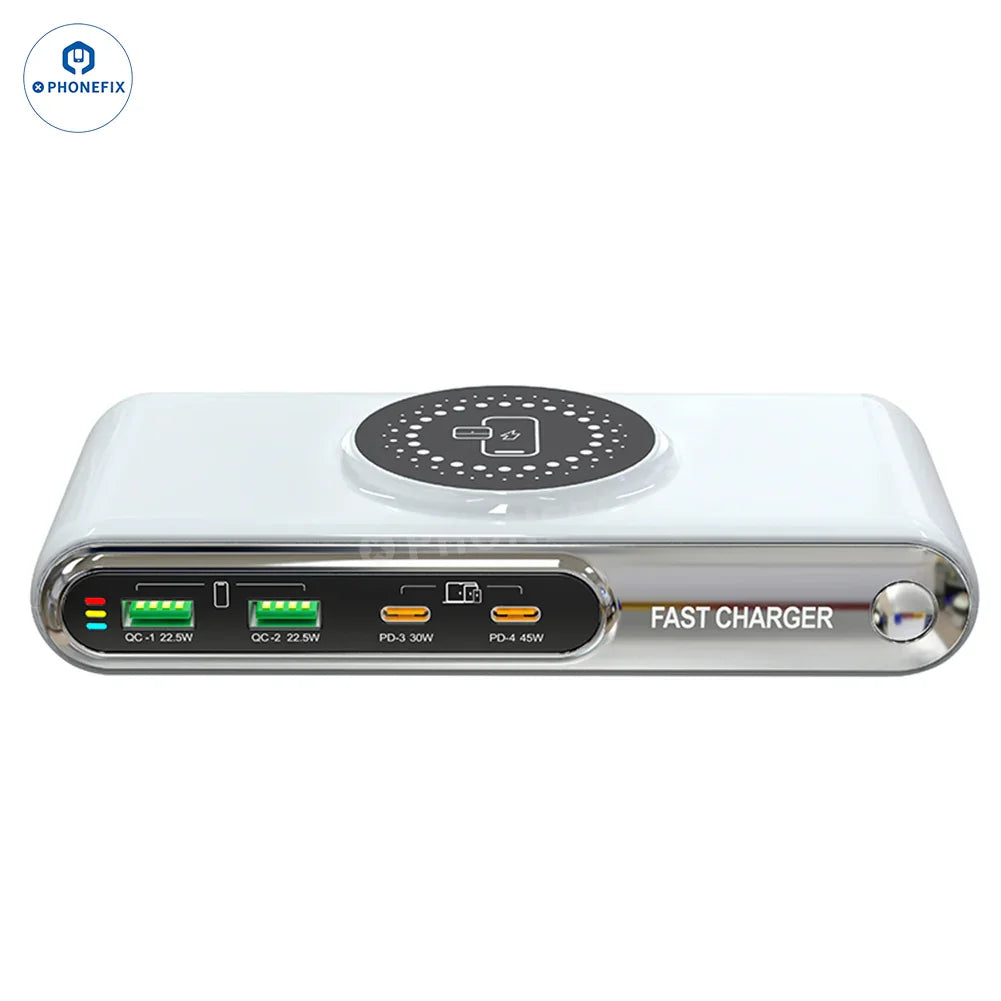 PHONEFIX multifunctional wireless charging station with USB fast charger for phones, featuring PD and QC fast charging ports.
