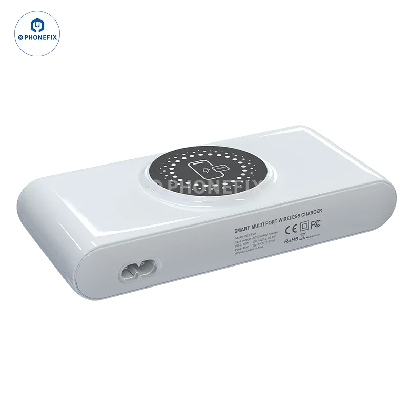 PHONEFIX multifunctional wireless charging station with USB fast charger and phone charging dock, supporting PD and QC fast charging.