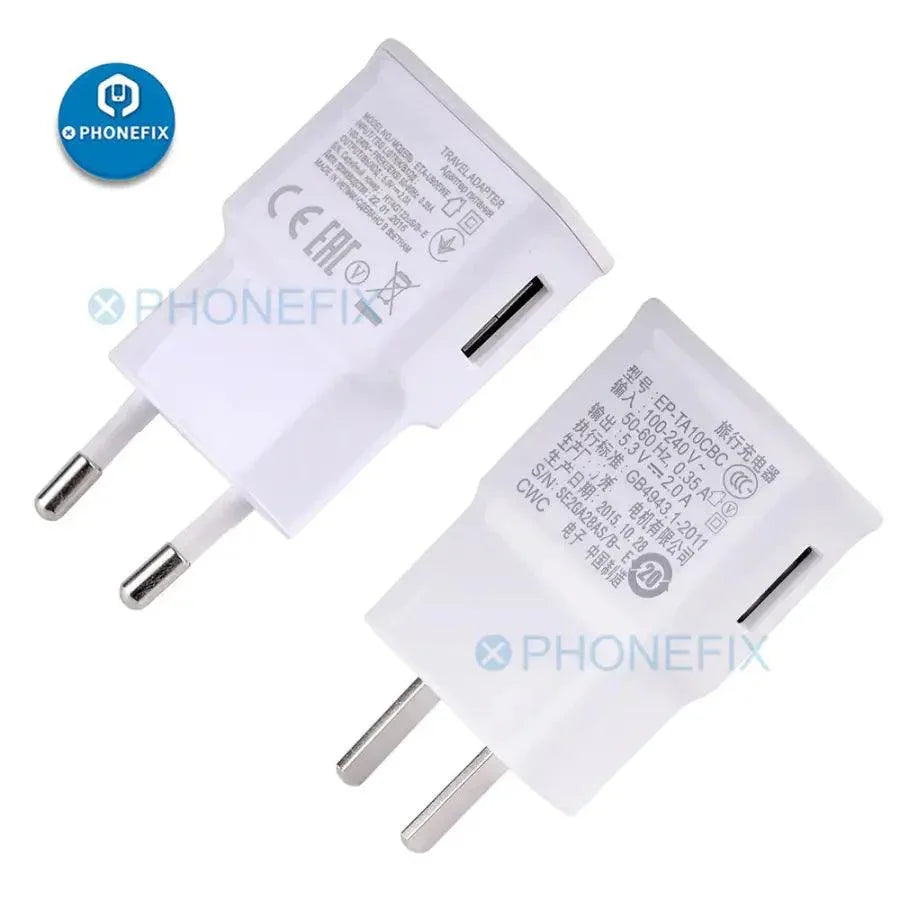PhoneFIX USB power adapter with 5V 2A and 1A fast charging for Samsung phones, European plug, compact phone USB charger.
