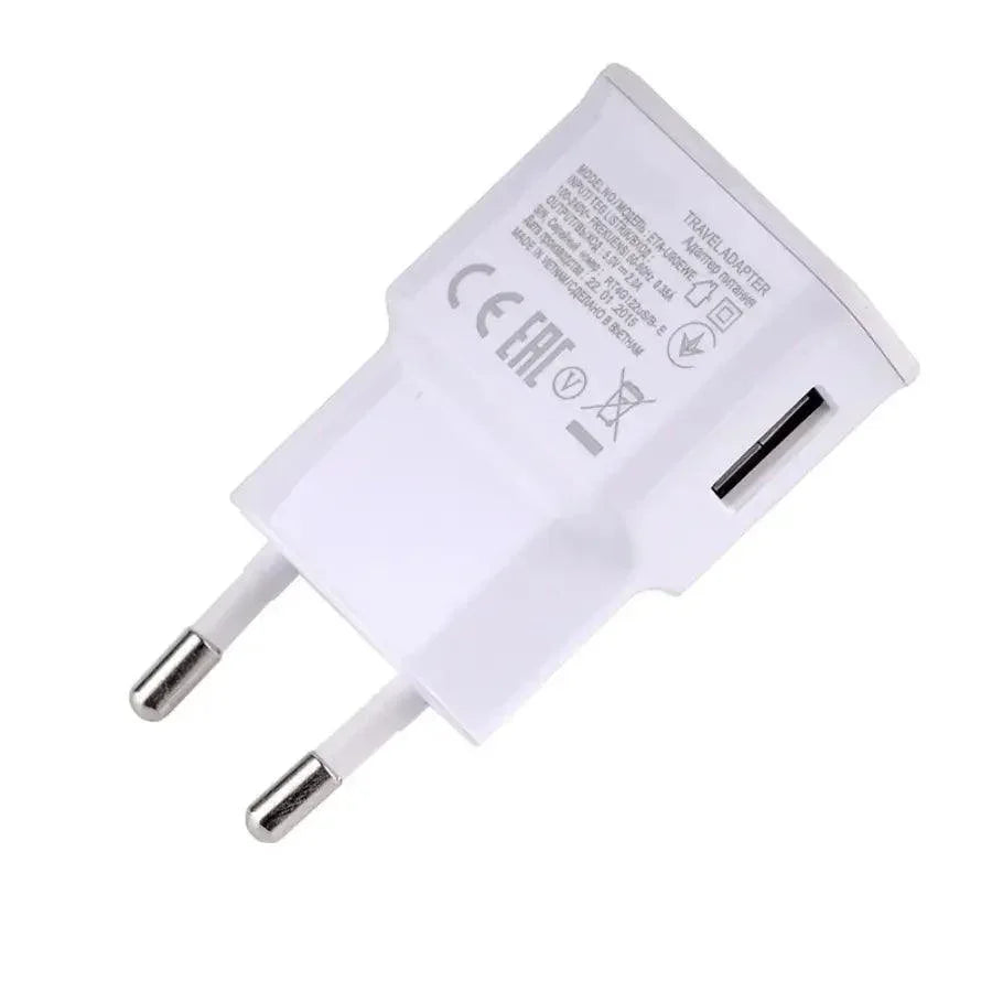 PhoneFIX 5V 2A USB power adapter for fast charging Samsung phones, EU plug, compact phone USB charger plug.