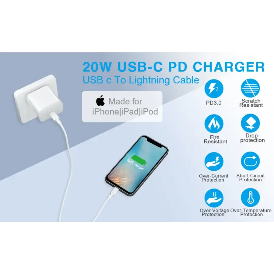 PHONEFIX 20W USB-C fast wall charger for Apple USB-C power adapters, compact phone USB charging accessory.