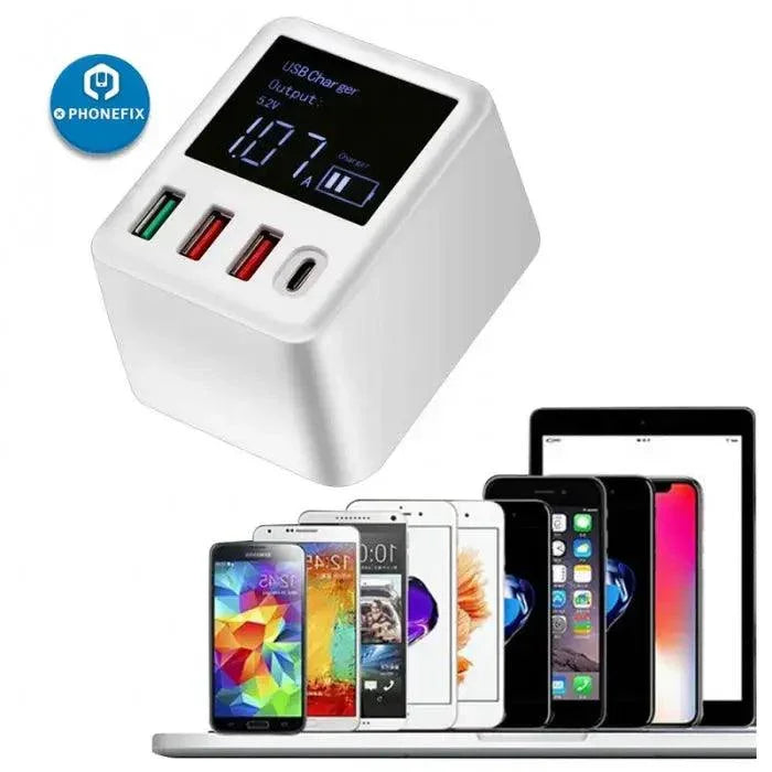 PHONEFIX Mini Quick Charger USB 3.0 wall charger with LED display and Type-C port for fast phone charging.