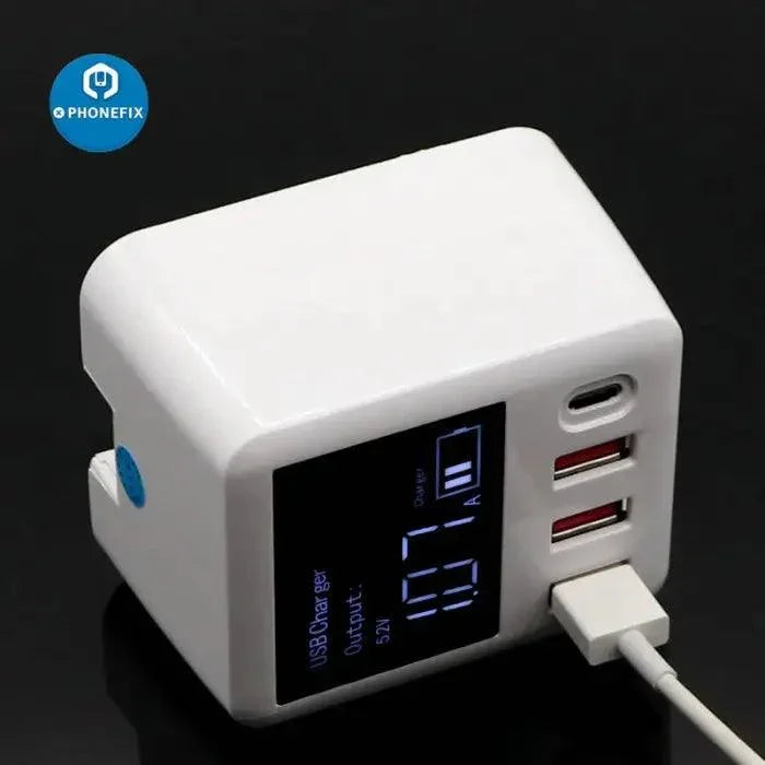 PhoneFIX Mini Quick Charger USB 3.0 wall charger with LED display and Type-C port for fast phone charging.