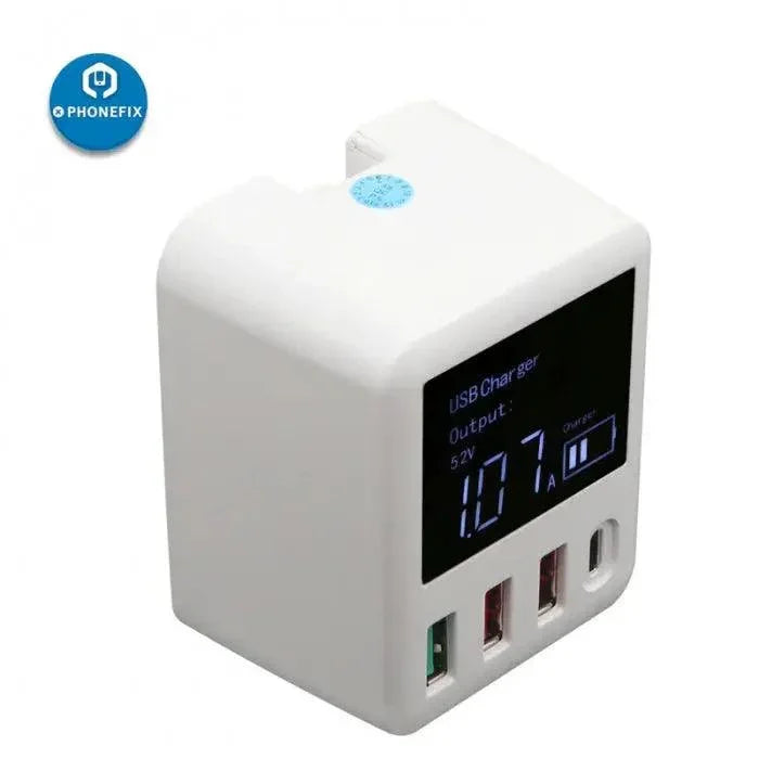 PhoneFIX Mini Quick Charger USB 3.0 wall charger with LED display and Type-C port for fast phone USB charging.
