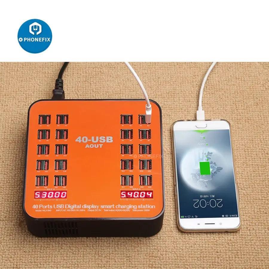PHONEFIX 200W USB Power Station with 40 USB ports, EU plug, multi-port charger socket for phone and device charging.