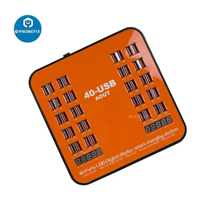 PhoneFIX 200W USB Power Station with EU plug, 40 USB ports for phone charging, multiple-port USB charger socket.
