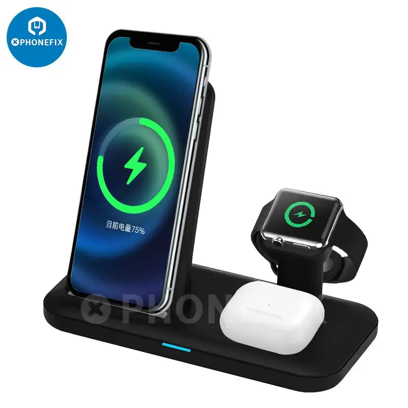 White PHONEFIX 3-in-1 wireless charging station for phone, iWatch, and AirPods with fast charging capabilities.