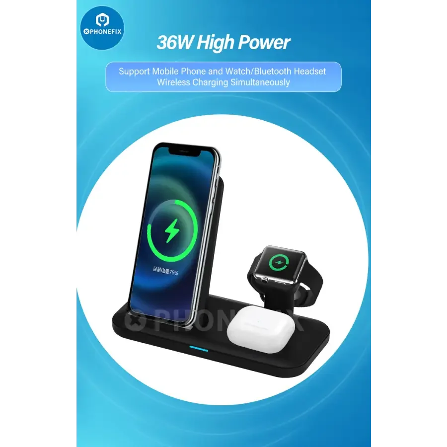 PHONEFIX 3-in-1 wireless charging station for phone, iWatch, and AirPods, with white design and fast charging capability.