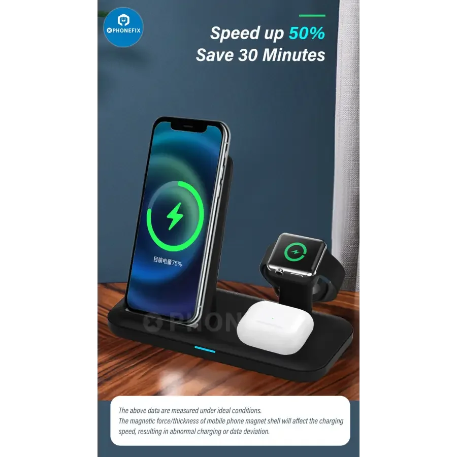 White PHONEFIX 3-in-1 wireless charging station with phone, iWatch, and AirPods charging pads on a clean surface