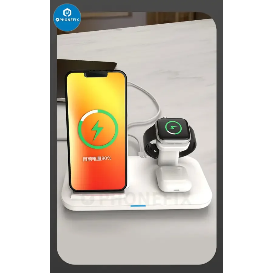 White PHONEFIX 3-in-1 wireless charging station for phone, iWatch, and AirPods with fast charging capabilities.