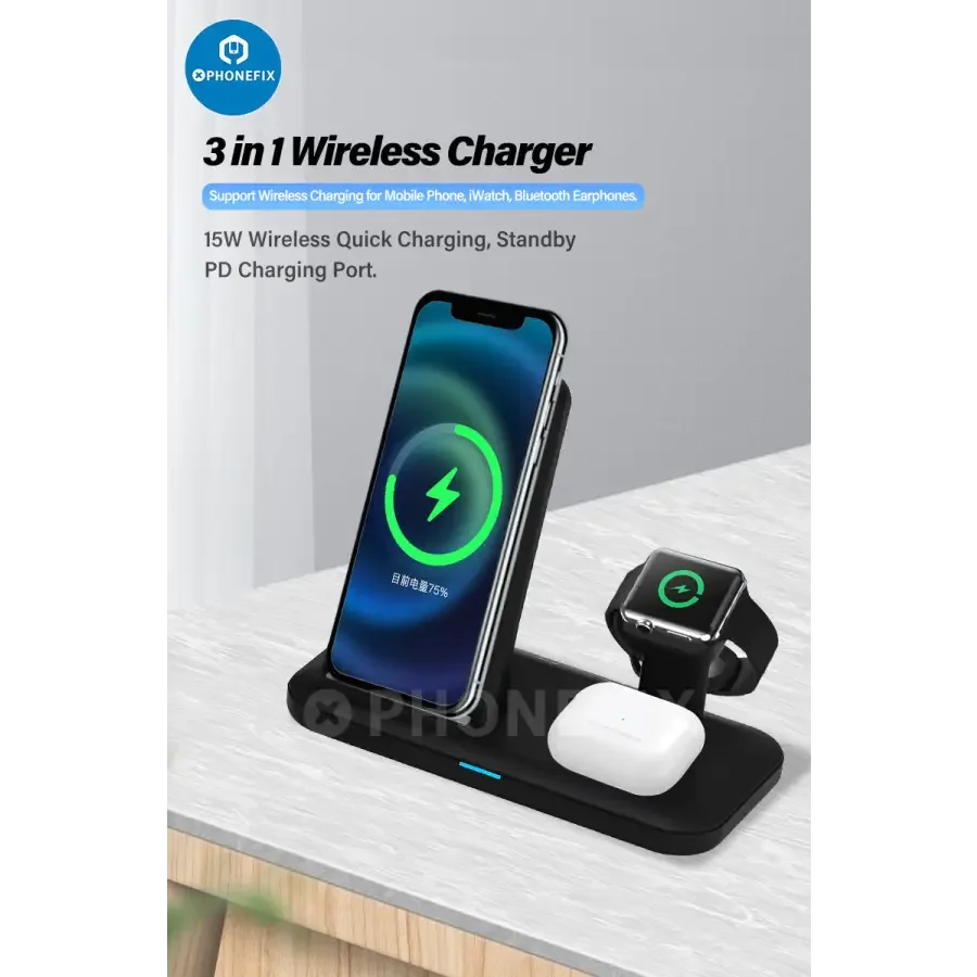 White PHONEFIX 3-in-1 wireless charging station with USB ports for phone, iWatch, and AirPods, showing multiple device charging areas.