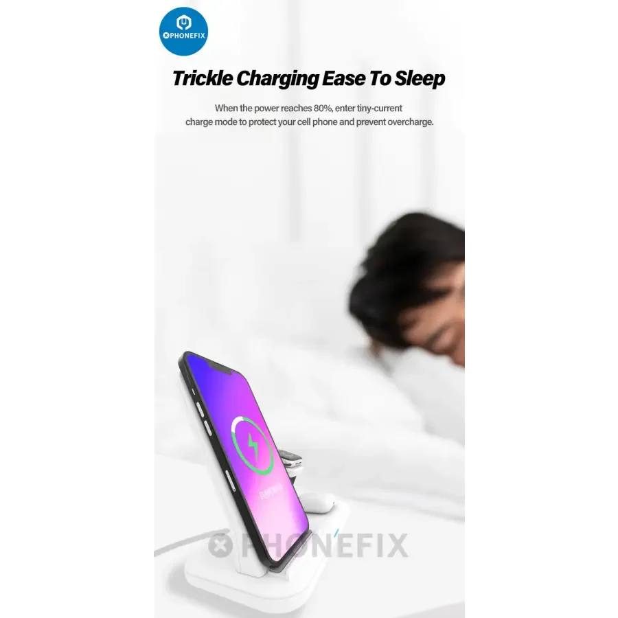 PHONEFIX 3-in-1 wireless charging station for phone, iWatch, and AirPods, with a white USB fast charger design.