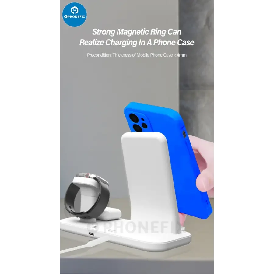 PhoneFIX 3-in-1 wireless charging station with phone, iWatch, and AirPods charging pads on a white background.