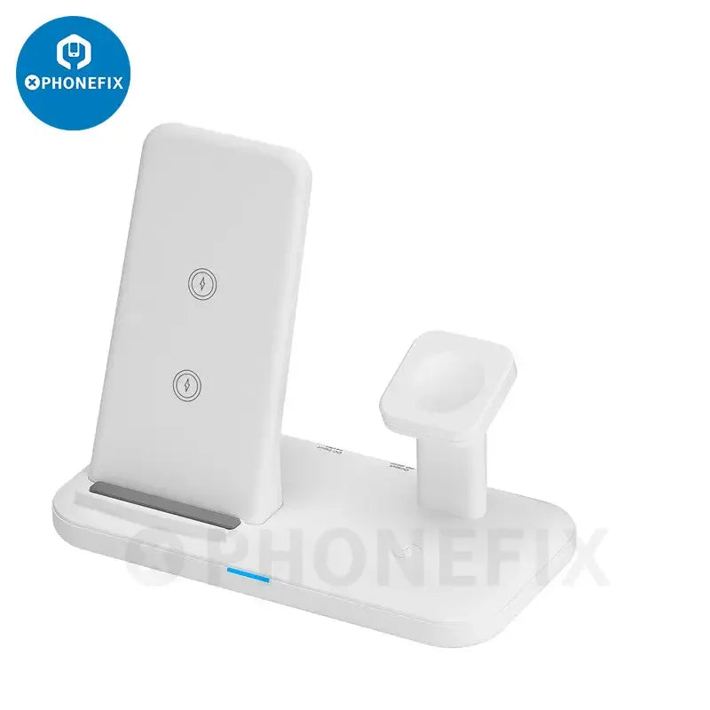 PhoneFIX 3-in-1 wireless charging station with phone, iWatch, and AirPods charging pads on white USB fast charger.