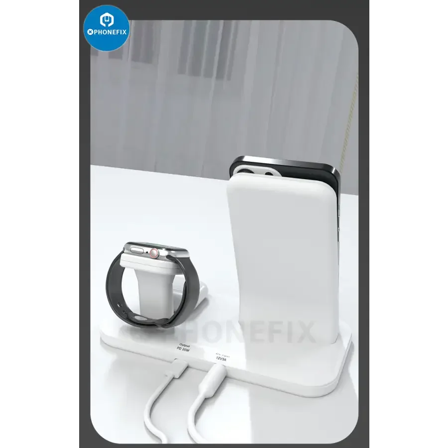 White PHONEFIX 3-in-1 wireless charging station with phone, iWatch, and AirPods charging pads on a sleek surface.