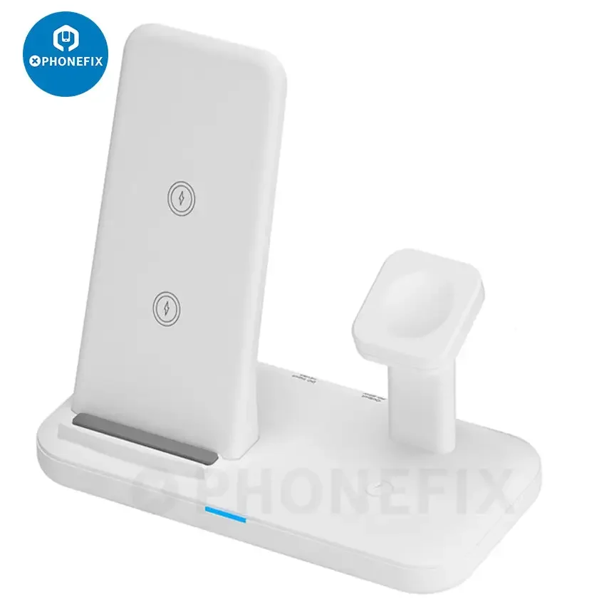 PhoneFIX 3-in-1 wireless charging station for phone, iWatch, and AirPods with fast charging, white USB phone charging dock.