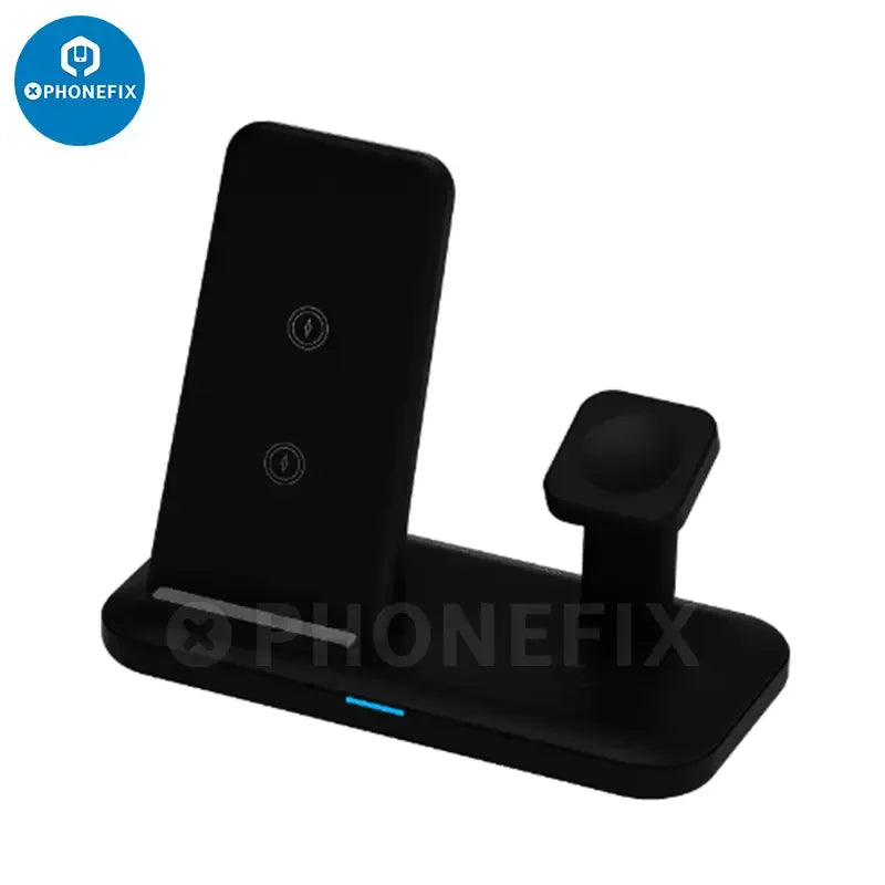PHONEFIX 3-in-1 wireless charging station for phone, iWatch, and AirPods, with white finish and fast charging capability.