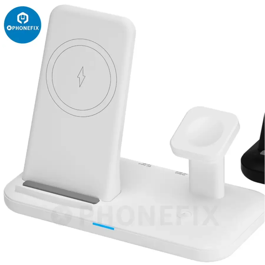 PHONEFIX 3-in-1 wireless charging station with phone, iWatch, and AirPods charging pads on white surface.