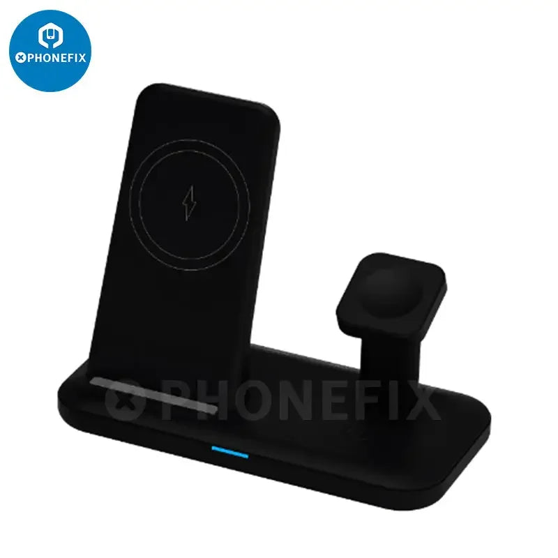 White PHONEFIX 3-in-1 wireless charging station for phone, iWatch, and AirPods with fast charging USB dock.