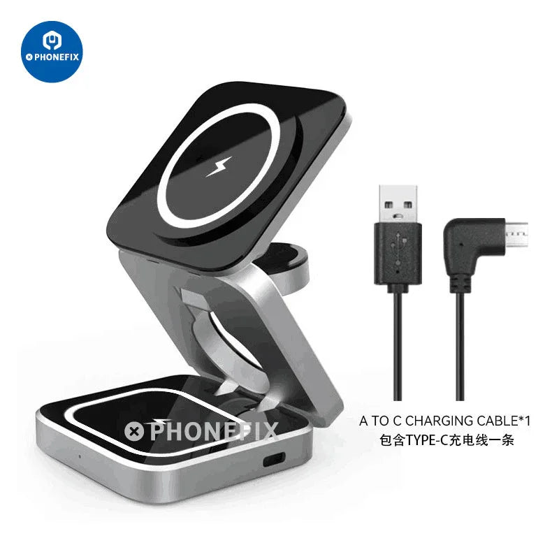 PHONEFIX 3-in-1 foldable magnetic wireless charger station for fast phone USB charging, with multiple device charging options visible.
