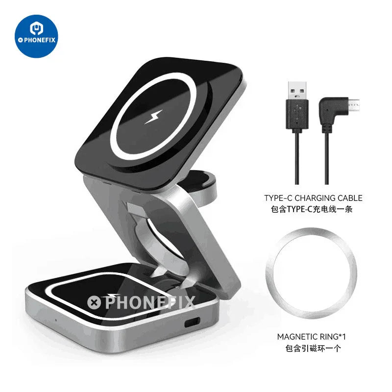 PHONEFIX 3-in-1 foldable magnetic wireless charger station with USB charging for phones and fast charging capabilities.