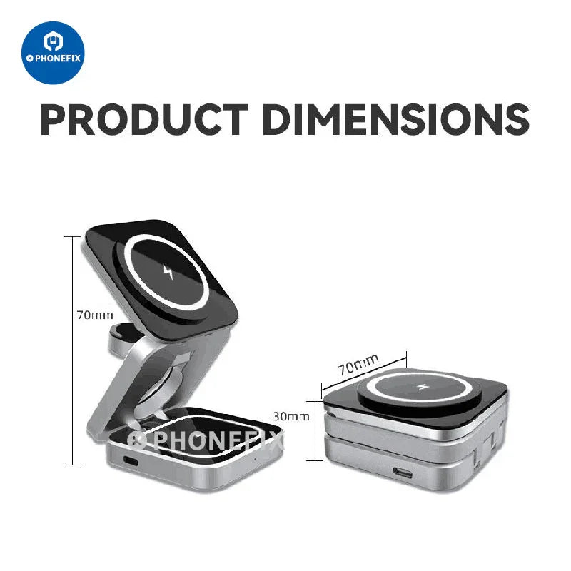 PHONEFIX 3-in-1 foldable magnetic wireless charger station for fast phone USB charging, with foldable design and magnetic hold.