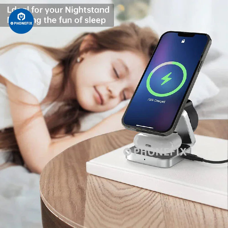 PHONEFIX 3-in-1 foldable magnetic wireless charger station for fast phone USB charging, with foldable design and multiple device compatibility.
